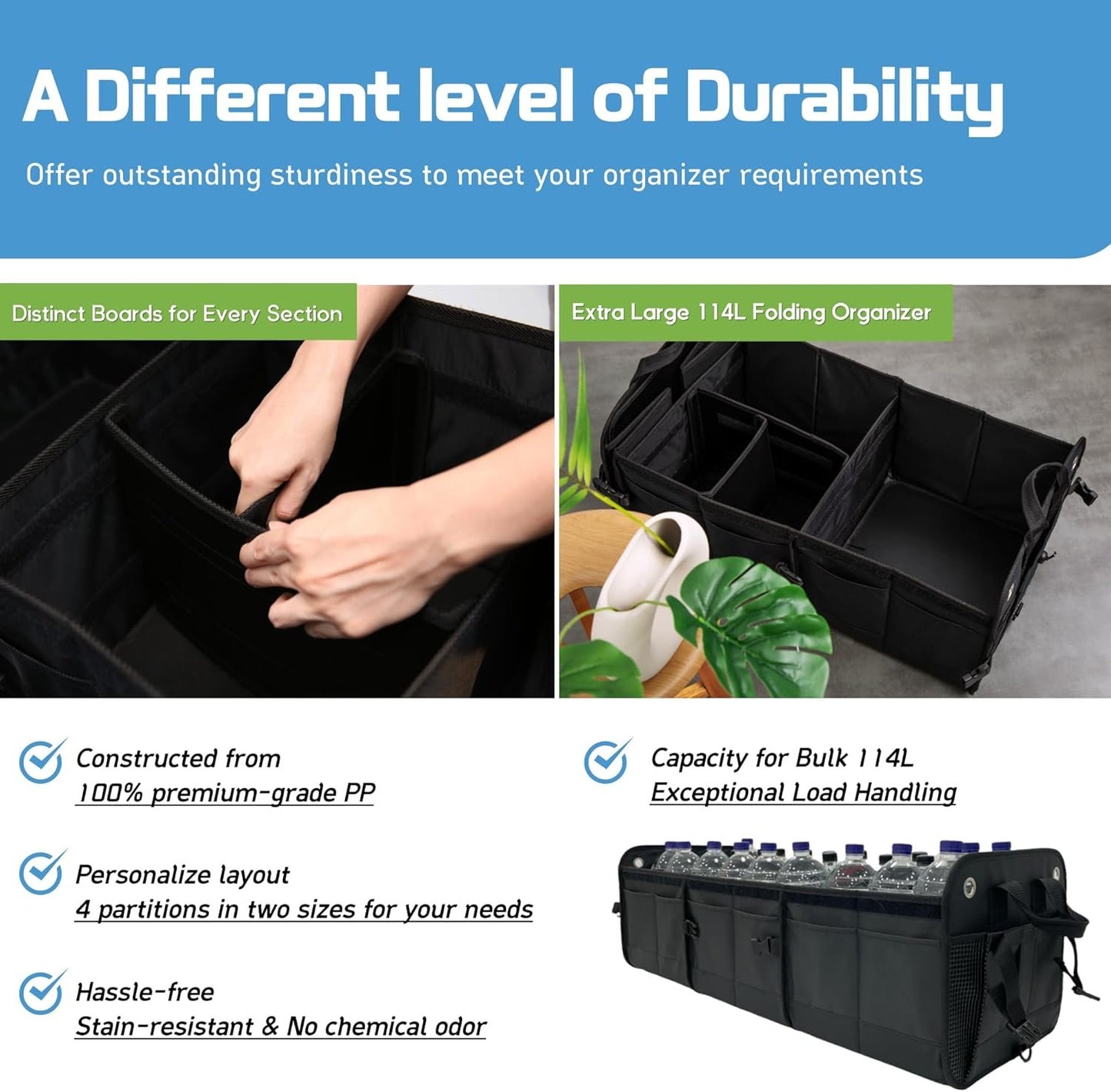 NINEDUCK Car Trunk Organizer with Lid - Black Premium Oxford and Cargo Storage Adjustable for Auto, Sedan, SUV, Van, Truck (ExtraLarge, Collapsible), Straps