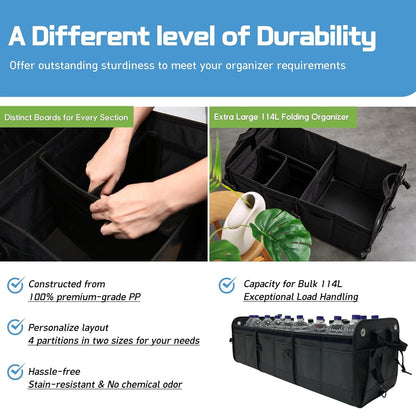 NINEDUCK Car Trunk Organizer with Lid - Black Premium Oxford and Cargo Storage Adjustable for Auto, Sedan, SUV, Van, Truck (ExtraLarge, Collapsible), Straps