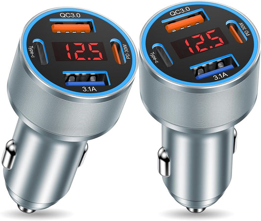USB C Car Charger with Voltage Display, 2Pack 65W 4-Port Fast USB C Cigarette Lighter Adapter, 4 in 1 Fast Charging Car Phone Charger, Multi Port Type C Car USB Adapter for iPhone,iPad,Samsung