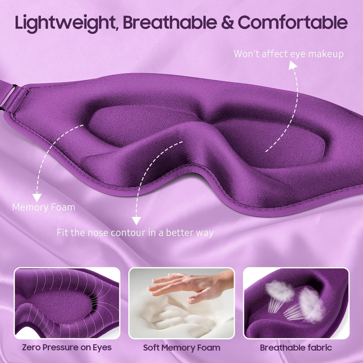BeHoomi Sleep Mask, Premium Eye Mask for Sleeping, Completely Blackout, Superior Soft Comfort, Upgraded 3D Ergonomic Designed Sleeping Mask for Home, Office, Travel, Meditation, Yoga, Purple