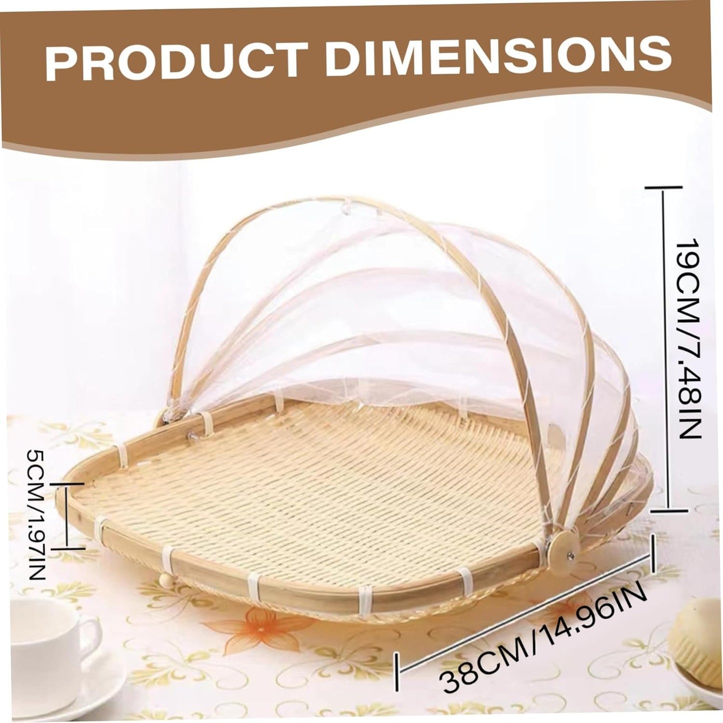 Fruit Basket with Cover 15x15 in Square Woven Bamboo Bread Basket with Lid Dust-Proof Mesh Wicker Food Serving Tent for Picnic Vegetable Fruits Meals