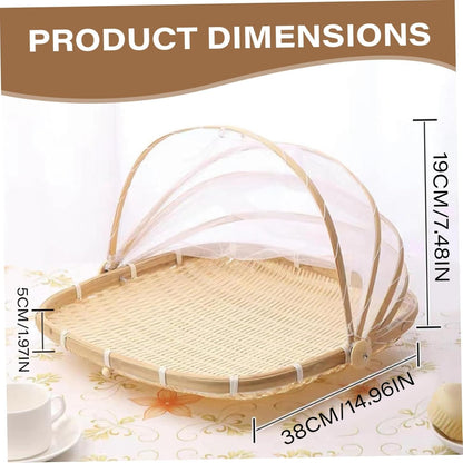 Fruit Basket with Cover 15x15 in Square Woven Bamboo Bread Basket with Lid Dust-Proof Mesh Wicker Food Serving Tent for Picnic Vegetable Fruits Meals