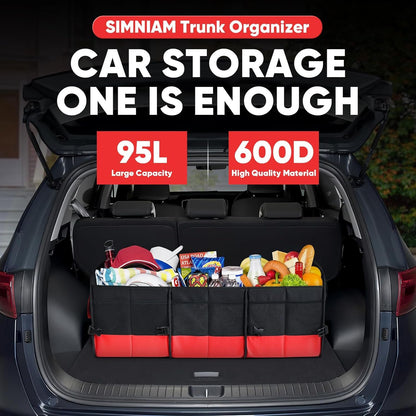 Simniam Large Trunk Organizer for Car, Collapsible Multi Compartment Car Trunk Organizer with 2 Retractable Straps, Suitable for All Kinds of Cars, SUV, Minivan - 4 Compartments Red