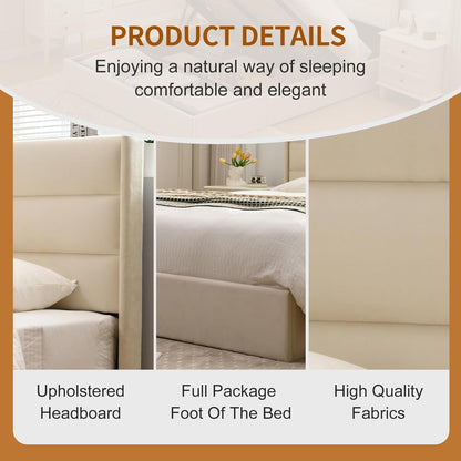 YUHUASHI Lift Up Storage Bed, Hydraulic Lifting Mechanism, Modern Flat Back Headboard, Wooden Slats, No Spring Required (White, Full)