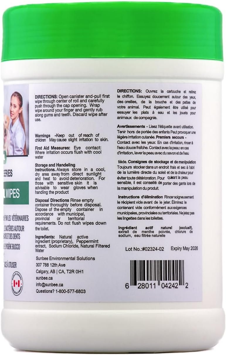Made in Canada Sunbee Premium Oral and Dental Cleaning Wipes, Grooming for Pets, Dogs 110-count
