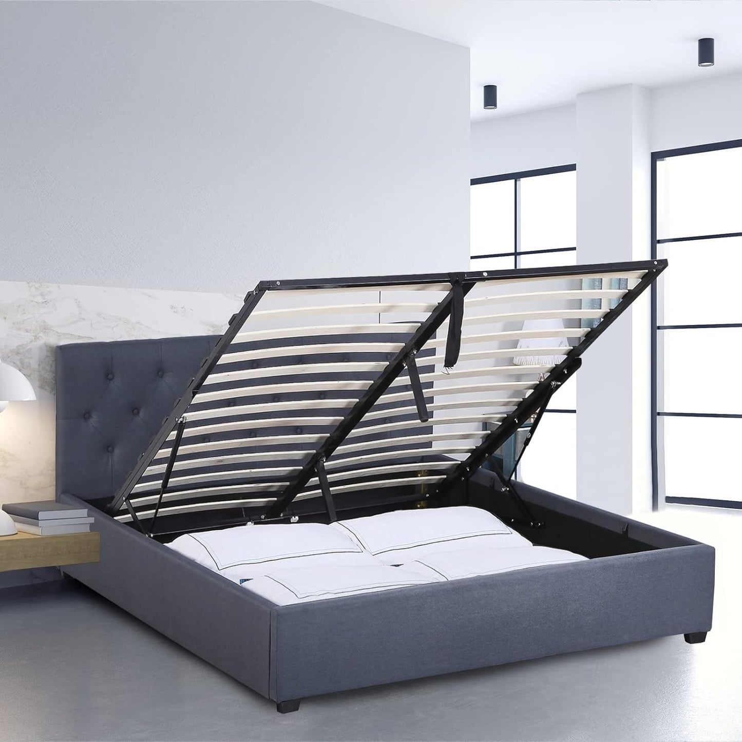 Milano Decor Gas Lift Bed Frame Capri Platform Base Bed with Storage Upholstered Modern Contemporary Design (King, Charcoal)