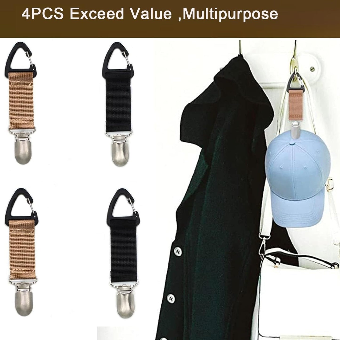 VAVCASE 4 Pack Travel Hat Clip Elastic Hat Holder for Purse Hands-Free Bag Accessory for Traveling Bags Backpacks Purses Luggage Outdoor Travel Accessory, Black, Khaki, One Size