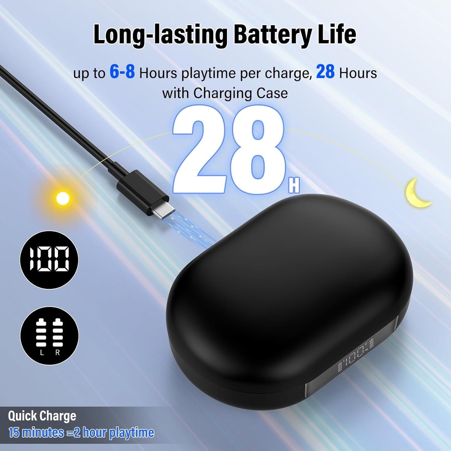 STECEi Open Ear Headphones, Bluetooth 5.4 Earphones 36H Playtime Air Conduction Headphones with Mic, Adjustable Earhook Earbuds with ENC Clear Calls/LED Display, IPX7 Waterproof Open Ear Earbuds Black