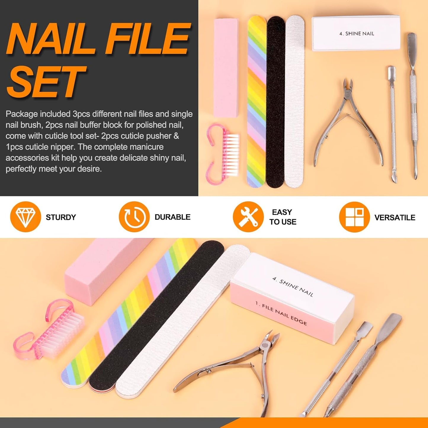 Rustark 9Pcs Nail File Set Includes Nail Files, Nail Sponge Buffer Blocks Polished, Cuticle Nipper, Nail Dust Brush, Nail Cuticle Pusher for Nail Care Manicure Nail Cuticle Trimming