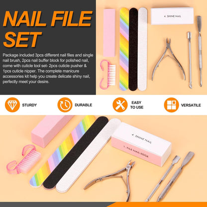 Rustark 9Pcs Nail File Set Includes Nail Files, Nail Sponge Buffer Blocks Polished, Cuticle Nipper, Nail Dust Brush, Nail Cuticle Pusher for Nail Care Manicure Nail Cuticle Trimming