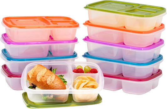 EasyLunchboxesÂ® - Original Stackable Lunch Boxes - Reusable 3-Compartment Food Containers for Kids and Adults - Bento Lunch Box for Meal Prep, School, & Work - BPA Free, Set of 10 (Classic)