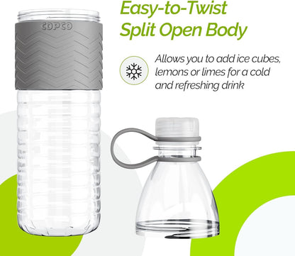 Copco Hydra 20 oz Tritan Water Bottle with Spill Resistant Lid & Non-Slip Sleeve (Set of 2) - BPA-Free, Dishwasher Safe, Fits Cup Holders, Great for Gym, Travel, Office - Durable & Lightweight (Grey)
