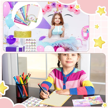 TaoBary 160 Packs Mini Rainbow Unicorn Stationery Paper Set 50 Double Sided Stationery Writing Papers Matching Envelopes and 60 Unicorn Round Dot Stickers, 5.5 x 8.25 Inch, 10 Designs
