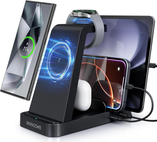 Wireless Charger for Samsung, 5 in 1 Wireless Charging Station for Samsung, Charger Dock Stand for Samsung Galaxy Watch Ultra 7 6 5 4 3,Galaxy S24 Ultra S23 S22 S21,Note 20 10 Z Fold,Galaxy Buds,Black