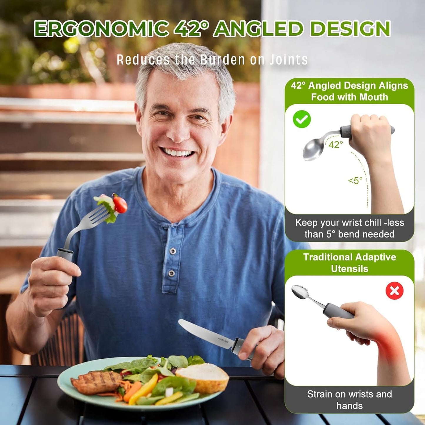 4-Piece Adaptive Utensils Set for Parkinson’s & Hand Tremors – 42° Angled, 2.5 oz Weighted Silverware – Easy-Grip Utensils for Seniors & Arthritis (Fork, Knife, Spoon)