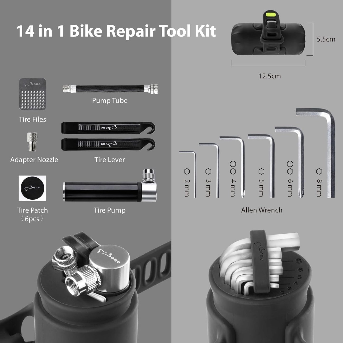 BONE Portable Bike Repair Tool Capsule, 14-in-1 Bicycle Repair Tool Kit, Mountain, Road Bike Maintenance with Tire Pump and Wrench Tool Kit, Bike Accessories for Cycling, Emergency Bike Repair Bag