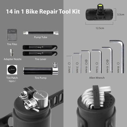 BONE Portable Bike Repair Tool Capsule, 14-in-1 Bicycle Repair Tool Kit, Mountain, Road Bike Maintenance with Tire Pump and Wrench Tool Kit, Bike Accessories for Cycling, Emergency Bike Repair Bag