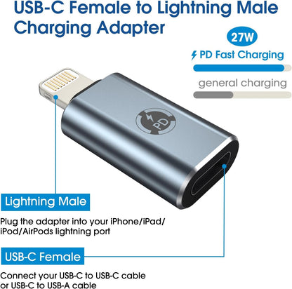 TechMatte USB C Female to Lightning Male Charging Adapter for iPhone, with E-Mark IC Anti-Lost Holder, Support PD Fast Charging, Not Support Headphones/Audio/OTG (1 Pack)