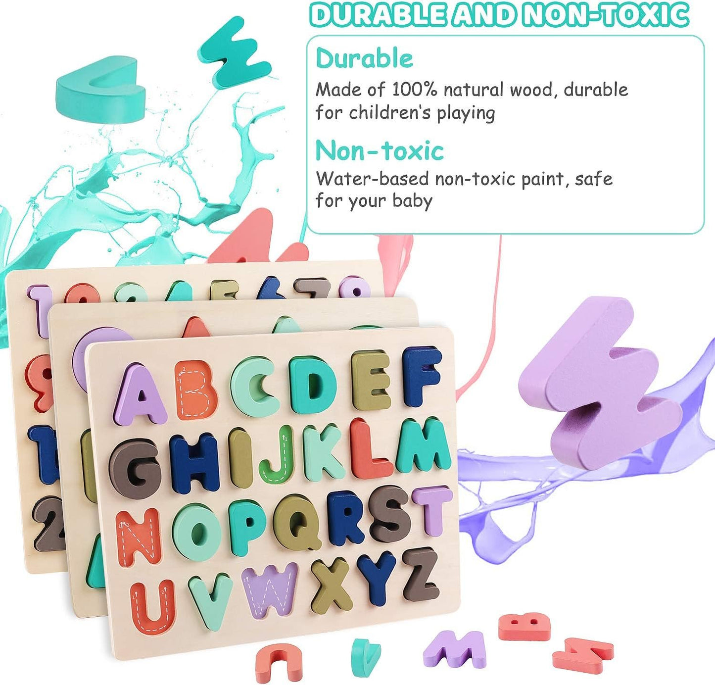 Wooden Puzzles for Kids 3-5, Wood Alphabet ABC Number and Shape Puzzles Toddlers Preschool Early Learning Puzzle Board Toys for Boys Girls Ages 3 4 5 6 Year Old (Set of 3)