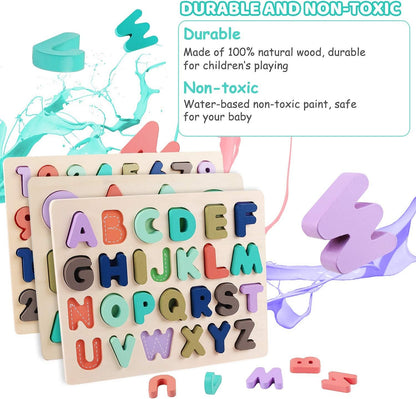 Wooden Puzzles for Kids 3-5, Wood Alphabet ABC Number and Shape Puzzles Toddlers Preschool Early Learning Puzzle Board Toys for Boys Girls Ages 3 4 5 6 Year Old (Set of 3)