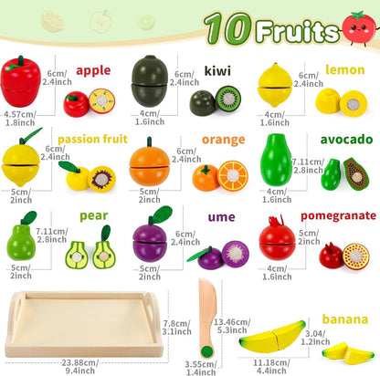 Wooden Play Food Montessori Toys for 2 3 4 Year Old Girls Boys Cutting Fruits Pretend Play Kitchen Accessories Toddlers Educational Kids Toys Birthday Gifts for 2 3 4 5 Year Old Boy Girl