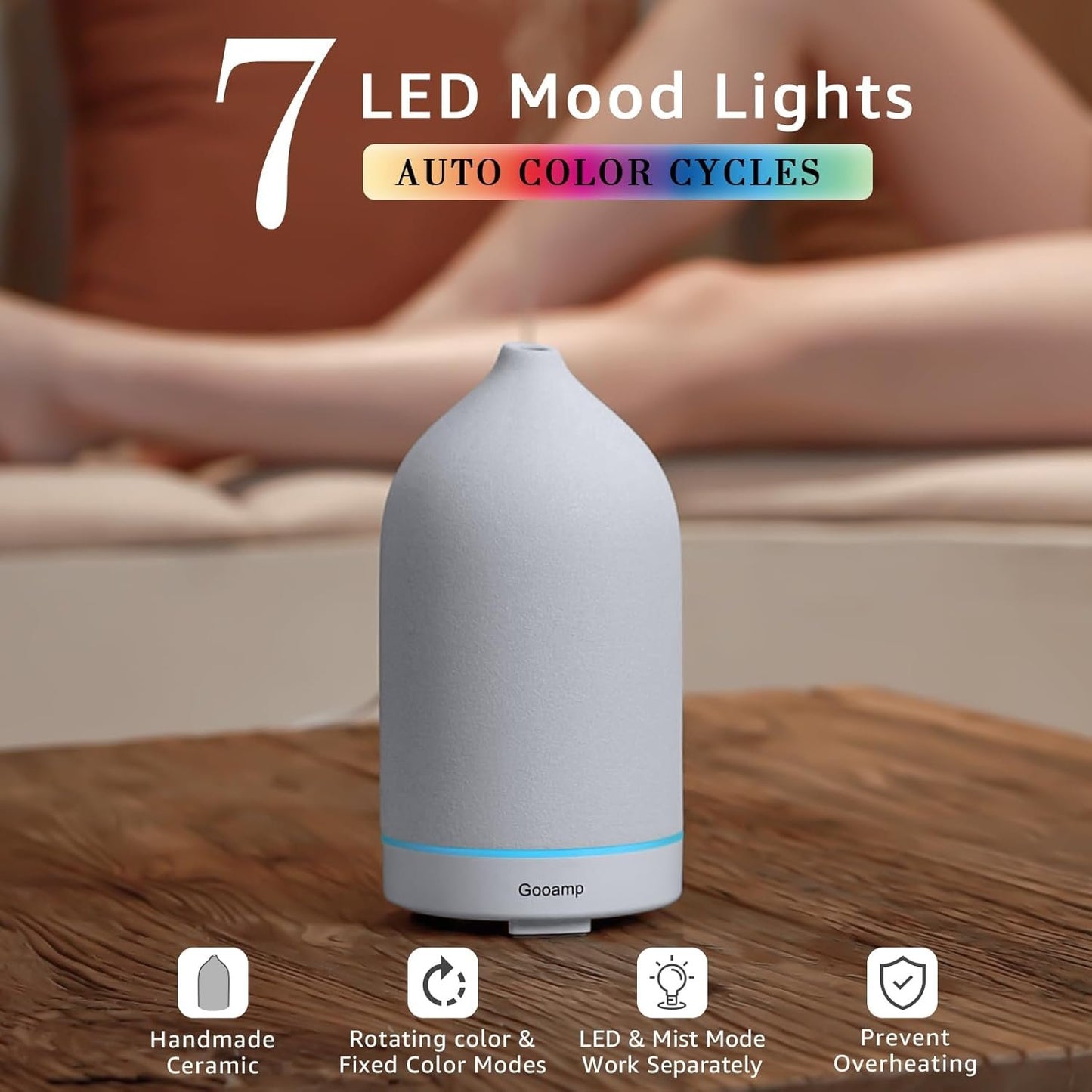 Gooamp 200ML Ceramic Diffuser,Aromatherapy Diffuser,Essential Oil Diffuser with 7 Color Lights Auto Shut Off for Home Office Room, White Base (1/3/6/ON hrs Working time)