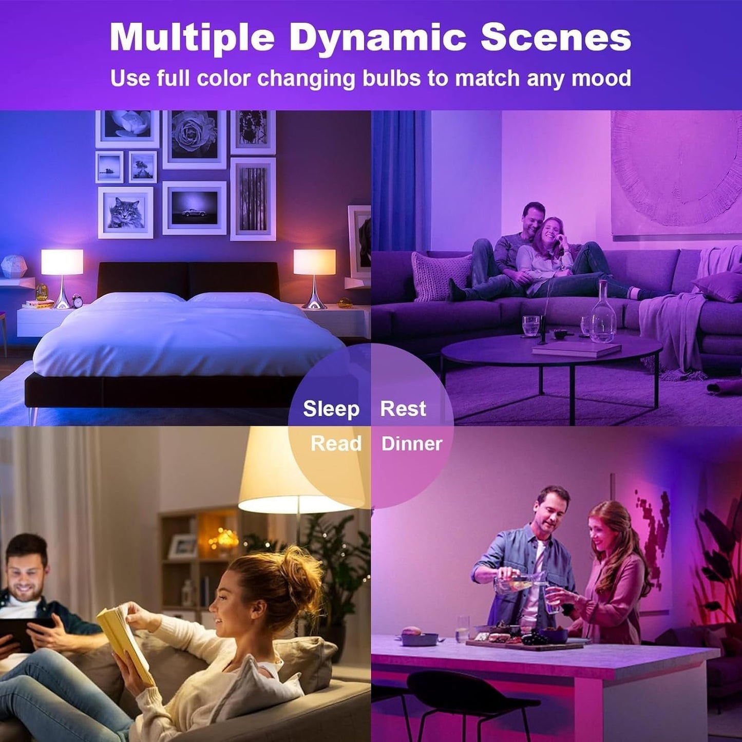 Smart Wi-Fi Light Bulb Multicolor E27, 60W Equivalent LED with Preset Scenes, Schedule & Timer, Sunrise/Sunset Modes, Voice & App Control, Away Mode, No Hub, Pack of 4