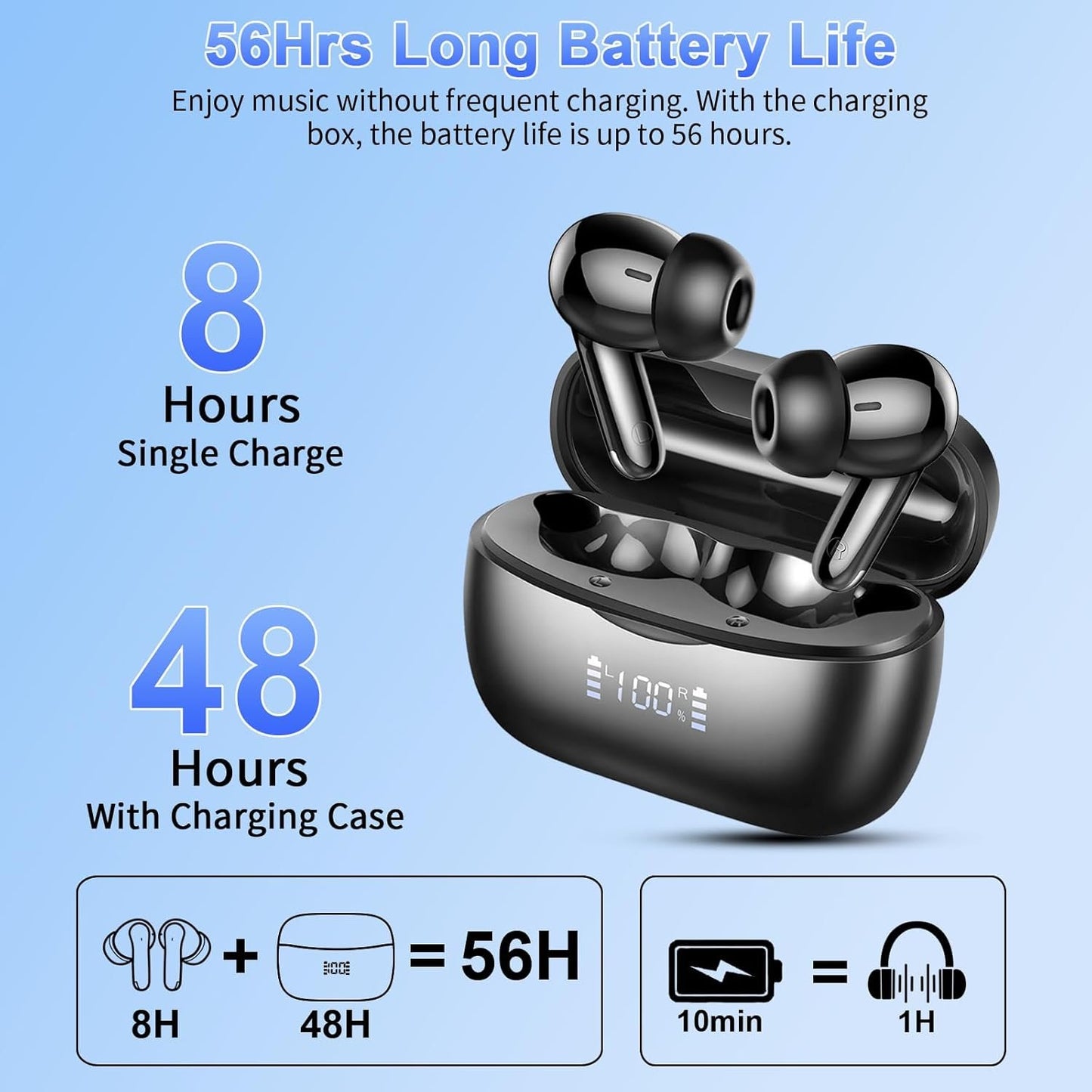 Wireless Earbuds, Headphones Bluetooth 5.3 with HiFi Stereo Sound, Bluetooth Earbuds with 4 ENC Noise Canceling Mics, 56 Hrs Playtime in Ear Earphones, USB-C, IPX7 Waterproof Ear Buds for iOS/Android