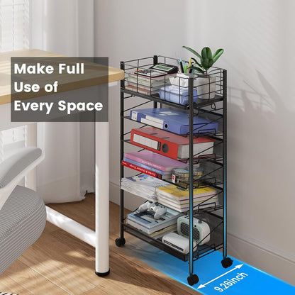 Rolling File Cart with Wheels,Shrivee 6 Tier Metal Rolling File Organizer Cart Beside Desk,Mobile Book Carts with Wheels for Office Home School Teacher Classroom Paper Letter Organization,Black