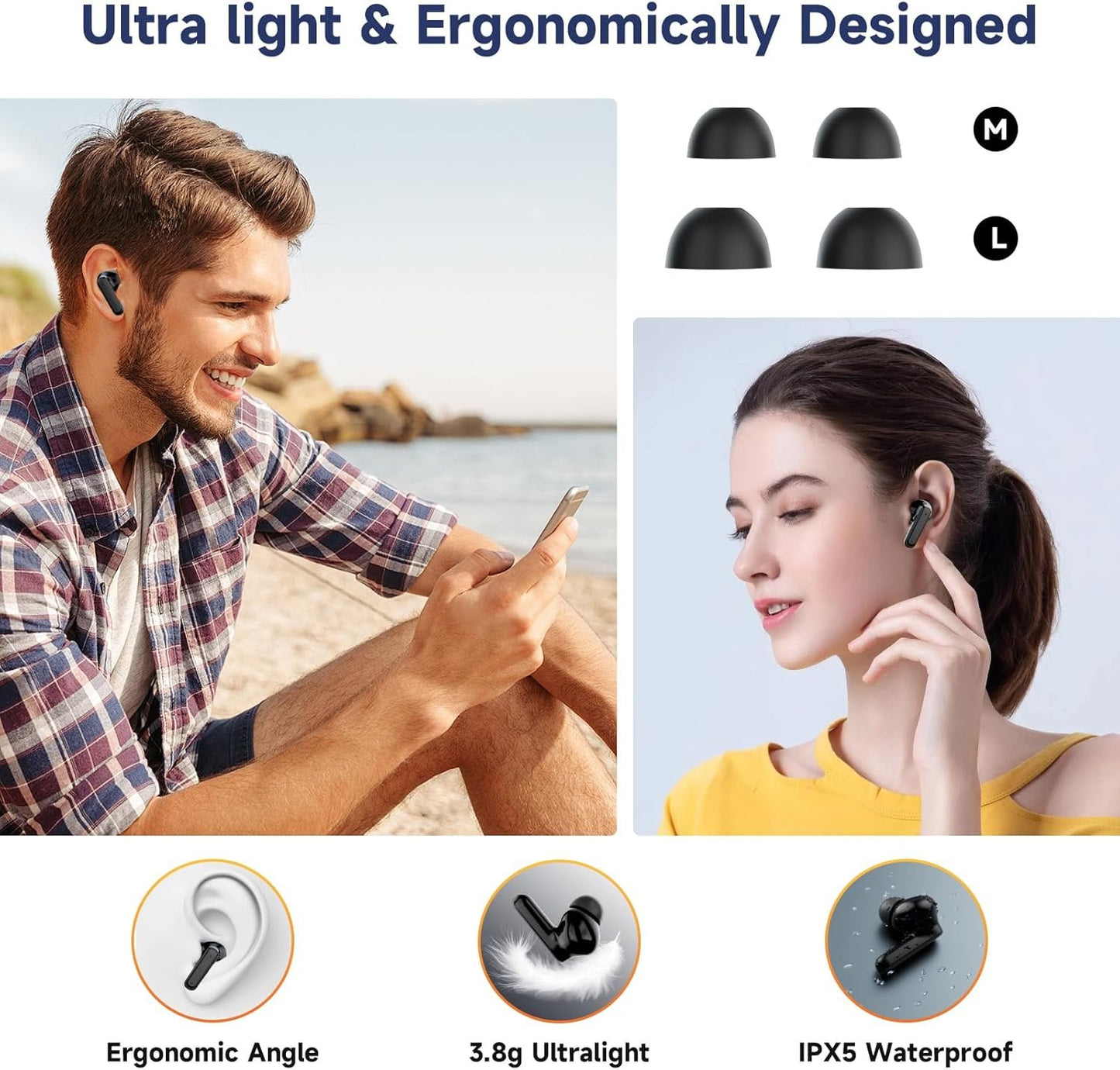 ELECGO Wireless Bluetooth Earbuds, Bluetooth 5.4 Headphones with Multi-Functional Touch Screen, ANC/ENC Noise Cancellation, Wireless Earbuds with Sound Equalizer, in-Ear Headphones for iPhone/Android