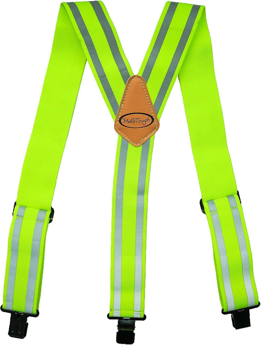 MELOTOUGH Tool Belt Suspenders Reflective Safety Suspenders With Fully Elastic 2 inch Wide Y back Heavy Duty Suspenders, Lime Green, one size fits most
