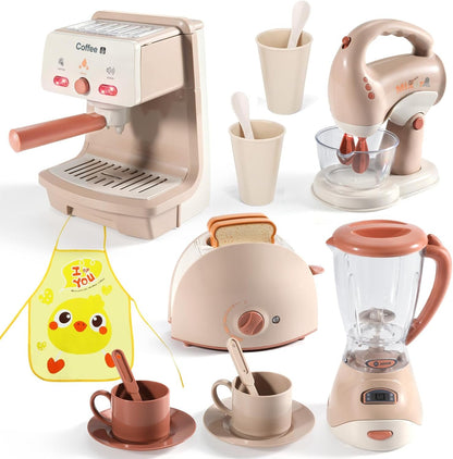 Kids Assorted Kitchen Appliance Play Toys Includes Coffee Maker ,Blender,Fruit Machine and Toaster ,Apron and Cups,with Realistic Lights& Sounds,Learning Gift for Toddlers Baby Girls Boys