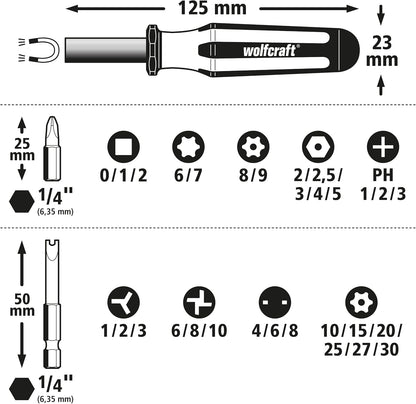 wolfcraft 31 Piece I 1386000 I Box Safety Screw Safety Box Metal 30 Solid Inserts 25 and 50 mm with Bit Holder and Hand Screwdriver
