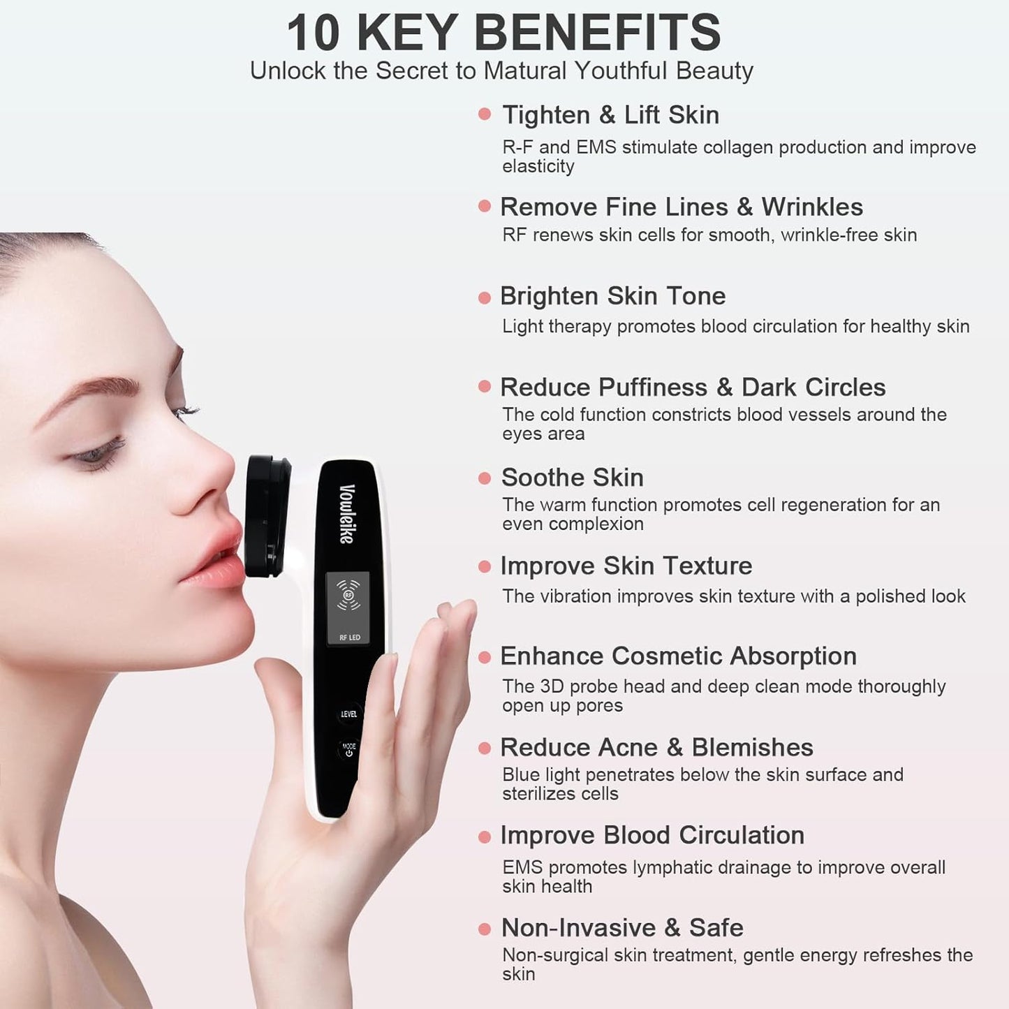 Microcurrent Facial Device, Vowleike 10 Key Benefits Skincare Face Massager with Stand, Rechargeable 6 in 1 Vibrating Facical Tool for Neck, Face and Body for Women, Ivory White