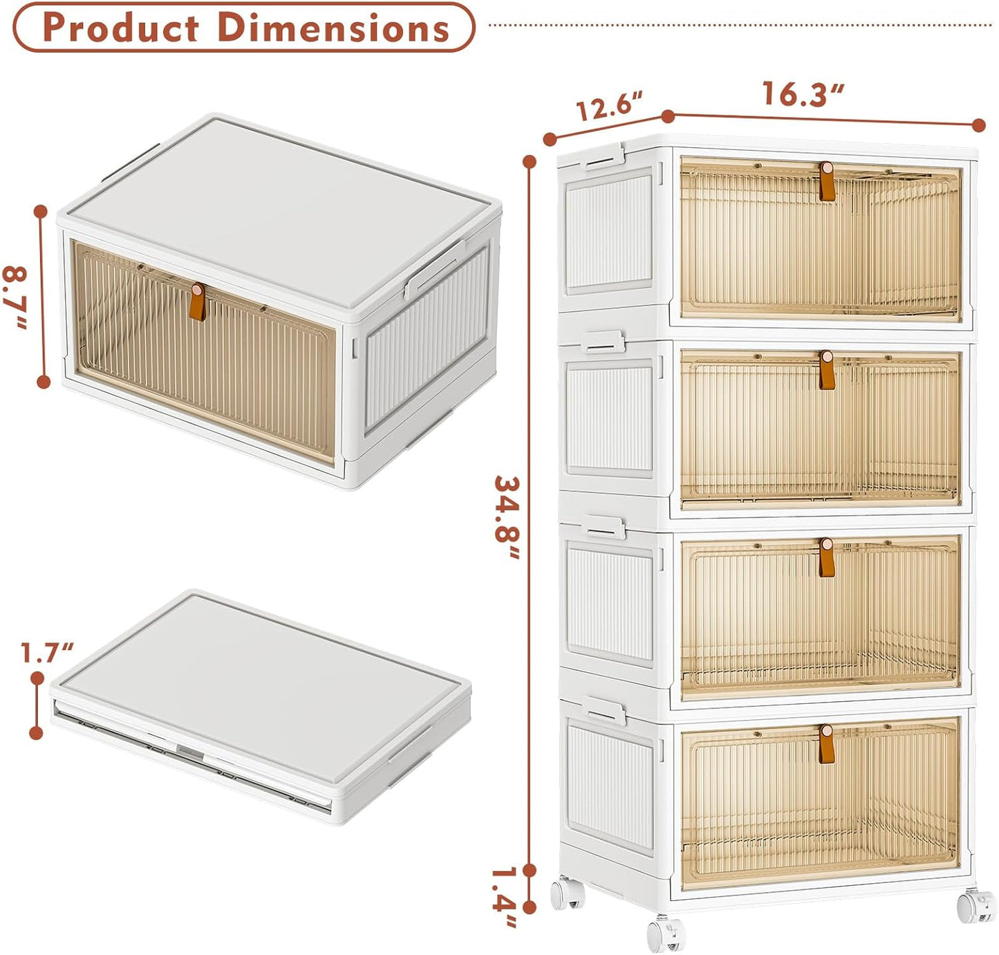 4 Tier Stackable Storage Bins with Lids, 28Qt Plastic Storage Containers with Magnetic Doors & Wheels, Convenient Storage Bins Closet Organizers, Household Organization for Home, Party, Office, Dorm