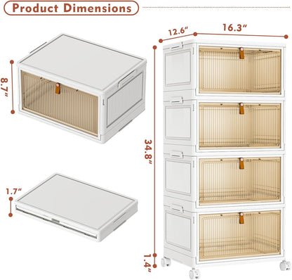 4 Tier Stackable Storage Bins with Lids, 28Qt Plastic Storage Containers with Magnetic Doors & Wheels, Convenient Storage Bins Closet Organizers, Household Organization for Home, Party, Office, Dorm