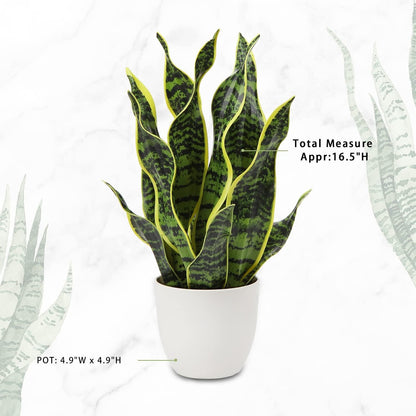 Artificial Snake Plant Potted Faux Sansevieria Trifasciata Plants, 17" Tropical Fake Plants in White Pots for Home Office Desk Outdoor Décor Housewarming Gift