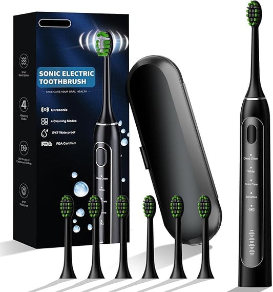 Electric Toothbrush for Adults – 42000 VPM Deep Clean Sonic Toothbrush with 6 Dupont Brush Heads & Travel Case, 4 Modes, 2-Minute Smart Timer, IPX7 Waterproof & USB Rechargeable