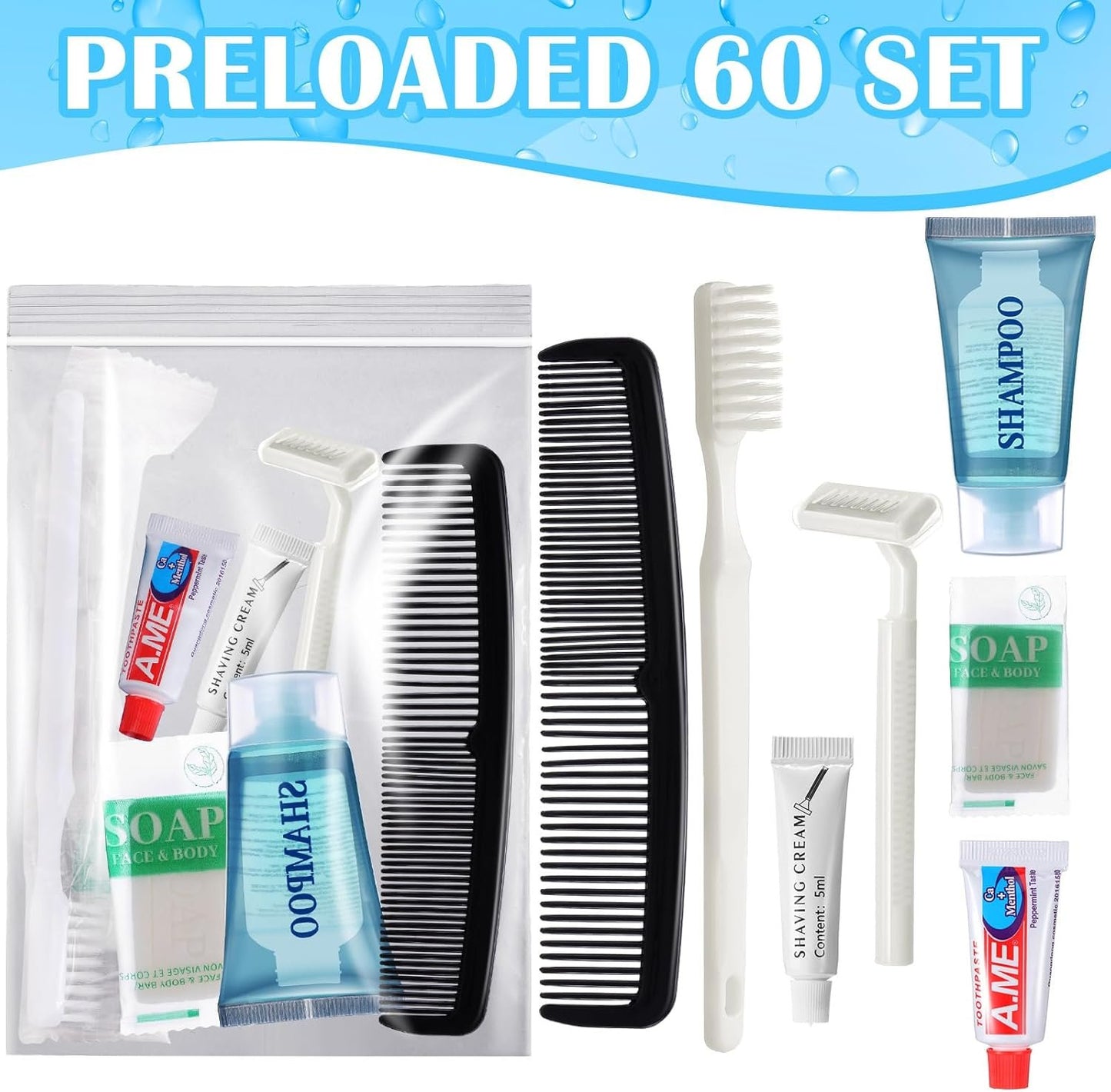 Ziliny 60 Set Travel Convenience Toiletry Kit Bulk Basic Toiletry Kits Travel Size Homeless Personal Hygiene Kit Homeless Care Package Supplies with Reusable Toiletry Bag for Men Charity