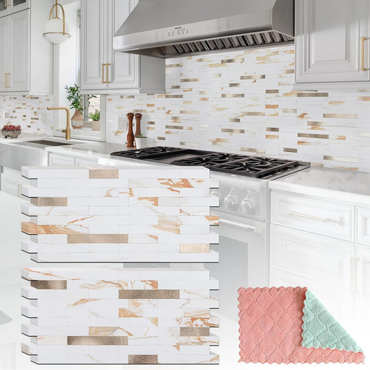StyloVue 20 Sheets Peel and Stick Backsplash for Kitchen, 2025 Upgraded Calacatta Gold with Metal Glod Look Stick on Tile Upgrade Your Kitchen Backsplash, RV, Fireplace