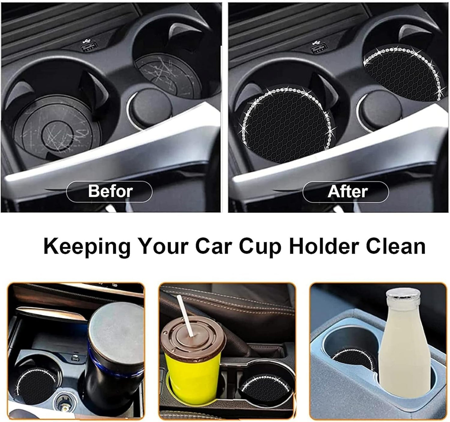 VIYNRAN 2 Pieces Bling Silicone Anti-Slip Cup Holder Insert Coaster and Engine Ignition Button Ring - Car Interior Accessories With Crystal Rhinestone (Black)