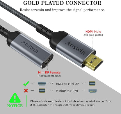 HDMI to Mini DisplayPort Adapter, Answin 4K HDMI to Mini DisplayPort Active HDMI 1.4 Source for Xbox One/360, NS, Mac Mini, PC/Laptops to Mini DP 1.2 Out Monitor with DisplayPort/Mini DisplayPort 1.2