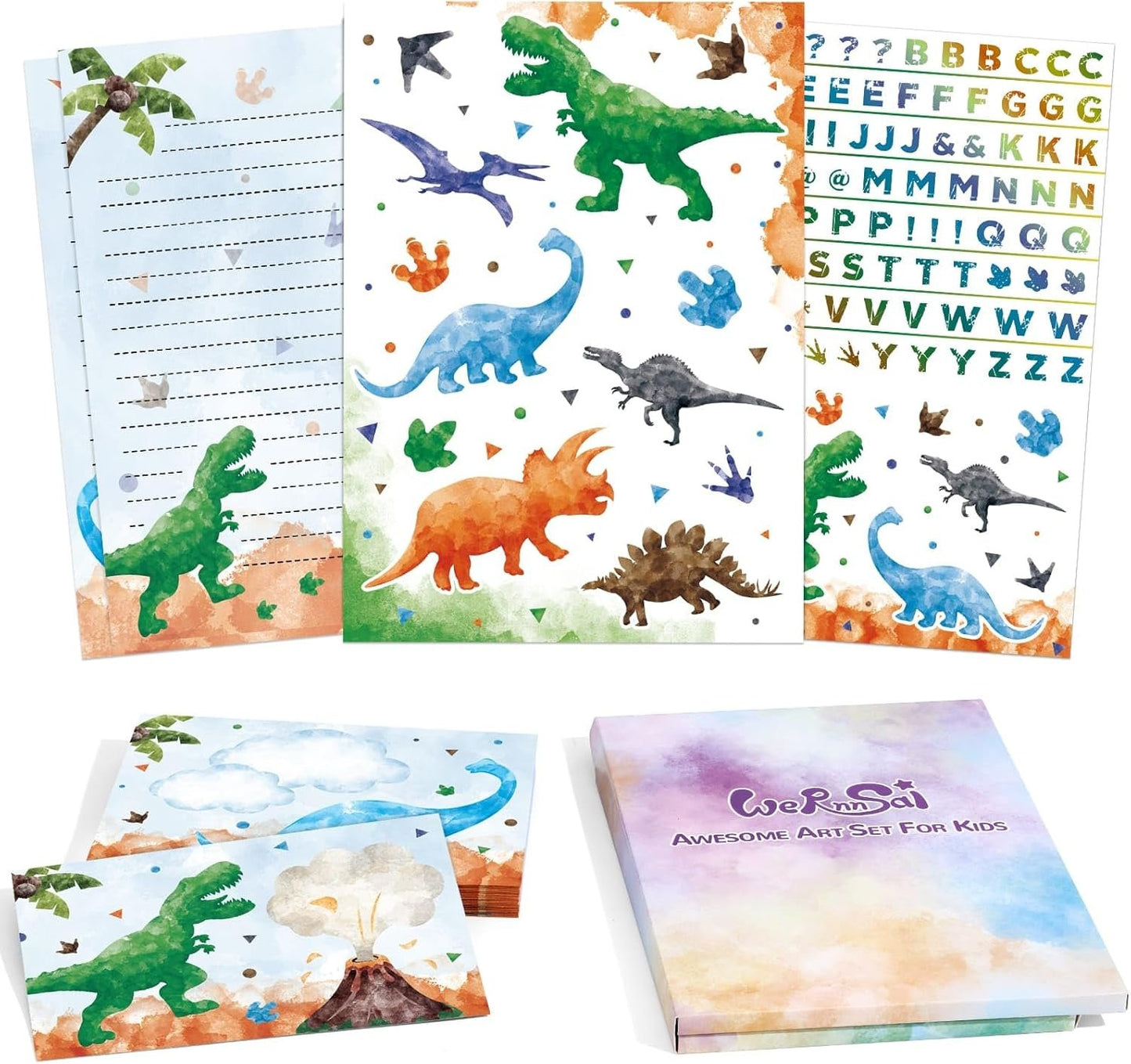 Kids Dinosaur Letter Writing Kit - Boys Stationery Set with Envelopes, Stickers, School Gift Set