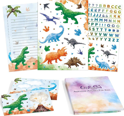 Kids Dinosaur Letter Writing Kit - Boys Stationery Set with Envelopes, Stickers, School Gift Set