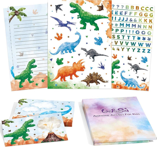 Kids Dinosaur Letter Writing Kit - Boys Stationery Set with Envelopes, Stickers, School Gift Set
