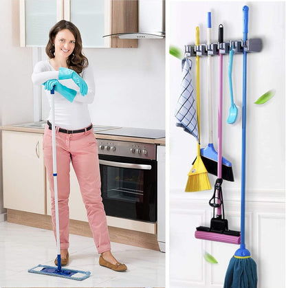 Mop and Broom Holder - Wall Mounted Garage Tool Organizer Broom Hanger Rack- Ideal for Home Kitchen Garage Garden Laundry Bathroom Tool Organizer With 5 Racks and 6 Hooks Broom Holder