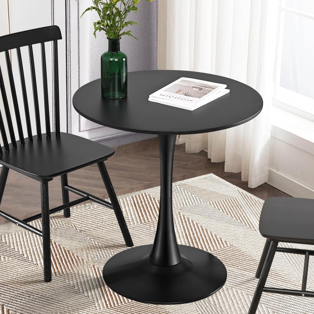 Furb 70cm Round Dining Table for 2, Outdoor Small Black Tulip Patio Coffee Table, Wooden Tabletop and Steel Leg