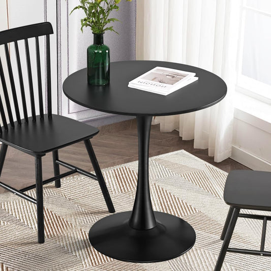 Furb 70cm Round Dining Table for 2, Outdoor Small Black Tulip Patio Coffee Table, Wooden Tabletop and Steel Leg