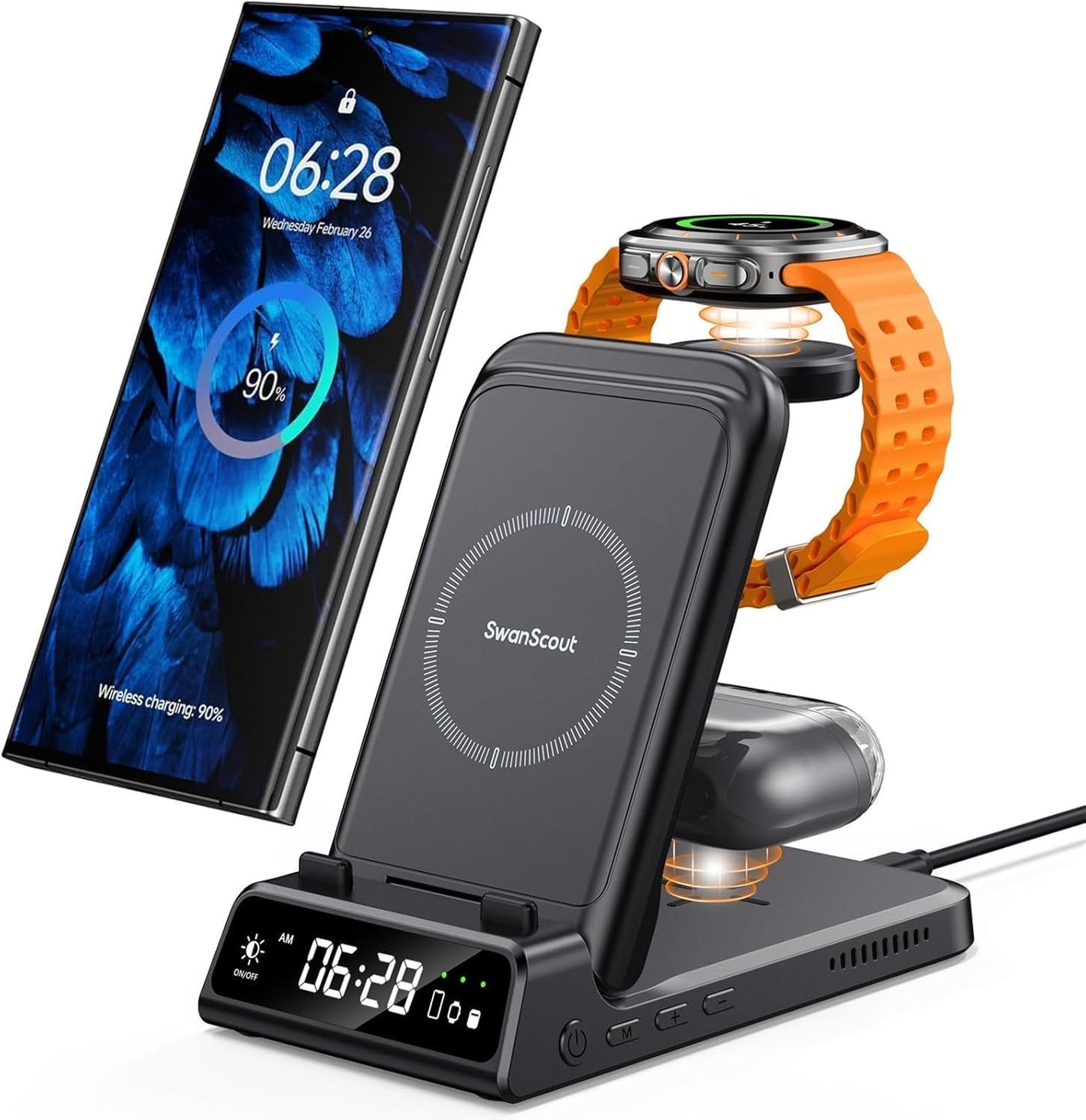 SwanScout 3 in 1 Wireless Charging Station for Samsung S25, Foldable Charger Dock for Galaxy Watch Ultra/7/6/5/4/FE, Galaxy S25/S24/Note20/Z Fold, Buds Pro/3/2, Model 703S (No Adapter) (Black)