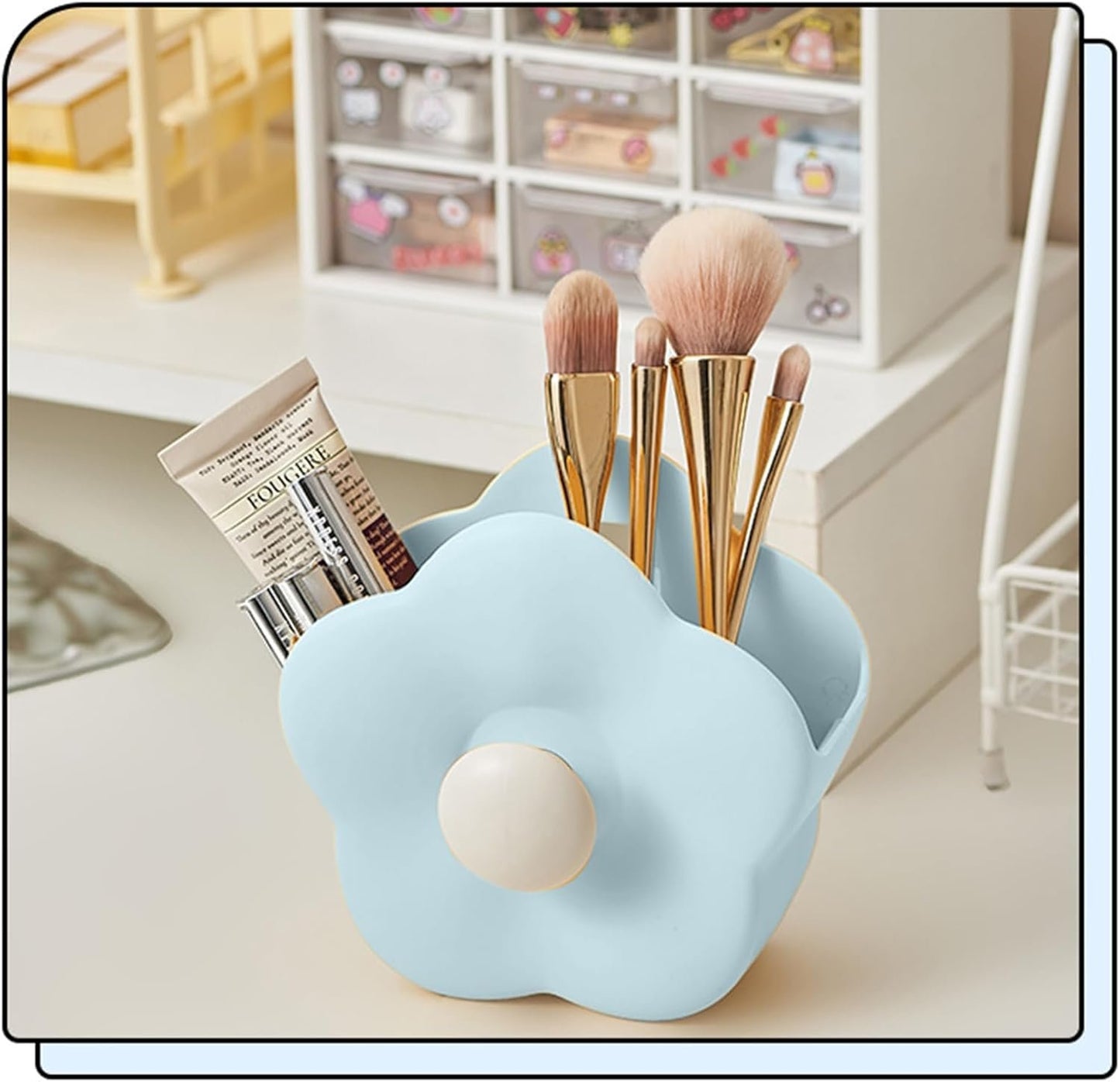 Flower-shaped Pen Holder for Desk,Multifunctional Plastics Makeup Brush Holder Cute Desk Accessories pen organizer for Home Office Table Decor .(Blue)